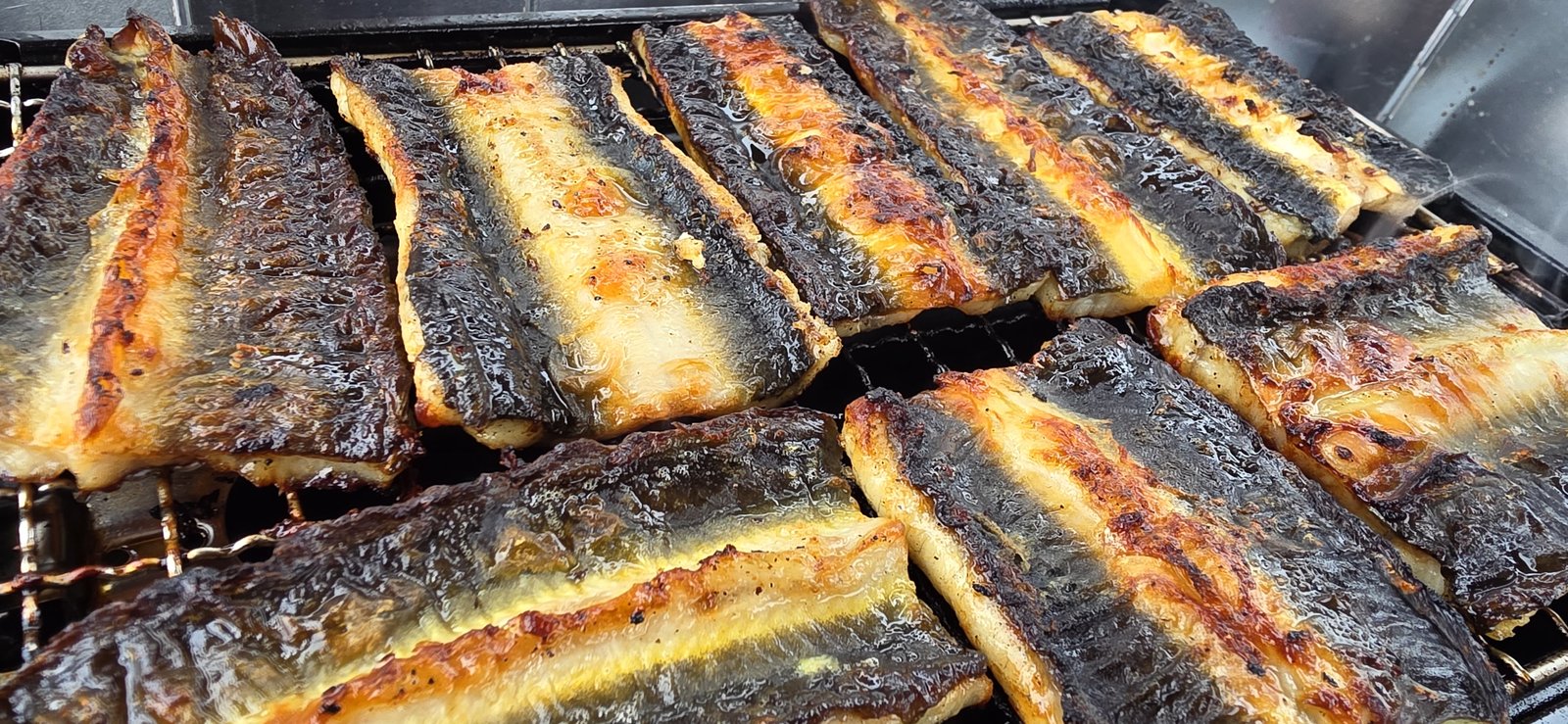 皮の側を下にして焼いている白焼き。皮が黒くパリッと焼けている