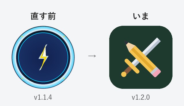 左に前の版の紺色の丸いアイコン（青い光の輪と黄色い稲妻）、右にいまの版の緑の地に鉛筆と剣が交差したアイコンを並べた比較画像